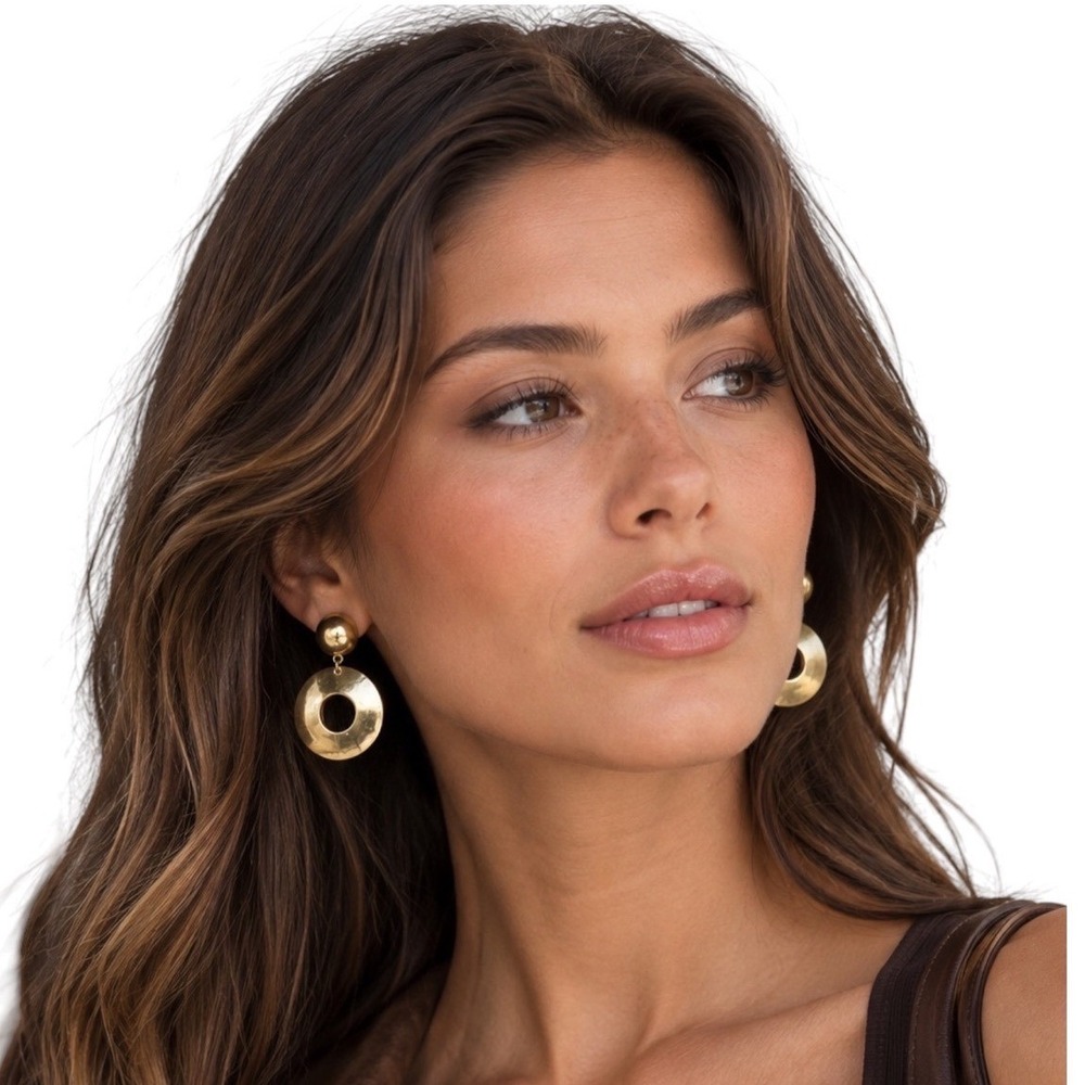 Vintage Gold Tone Clip On Dangle Earrings Oversized Donut Hoop‎ Statement Retro